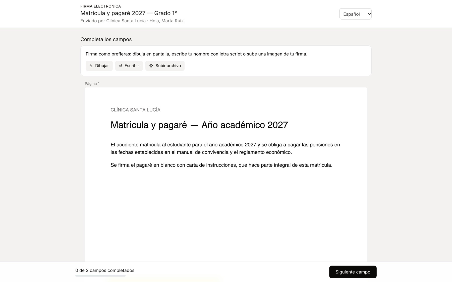 Página de firma incrustada en un portal de ejemplo